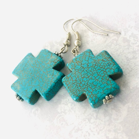 ⭐️5 for $25⭐️Turquoise Crosses - bold beach boho - howlite stone - silver set - Picture 5 of 6